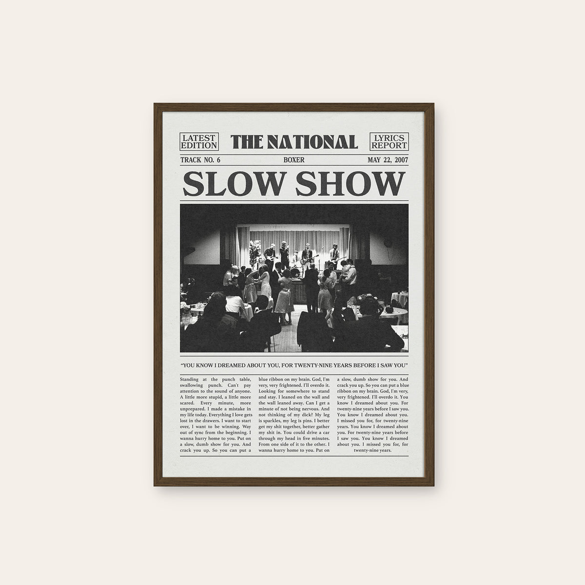 The National Slow Show newspaper poster — dark wood frame