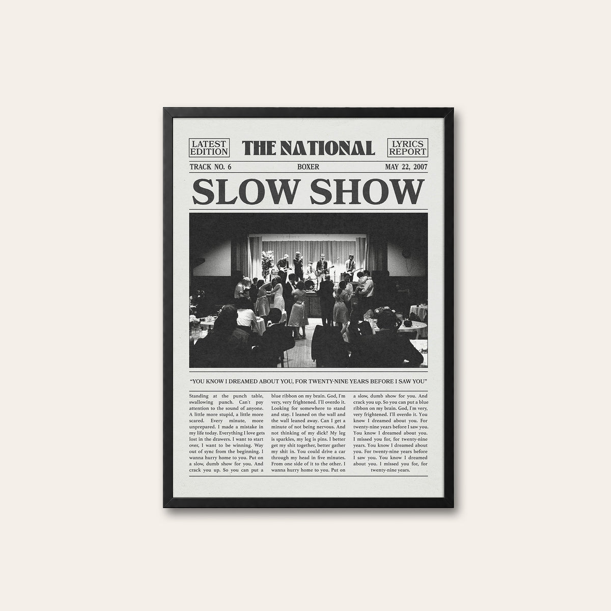 The National Slow Show newspaper poster — black frame