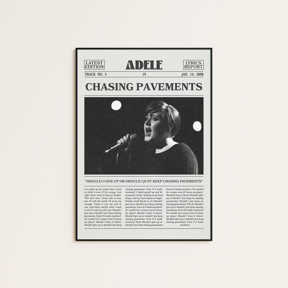 Adele Chasing Pavements newspaper poster — black frame display