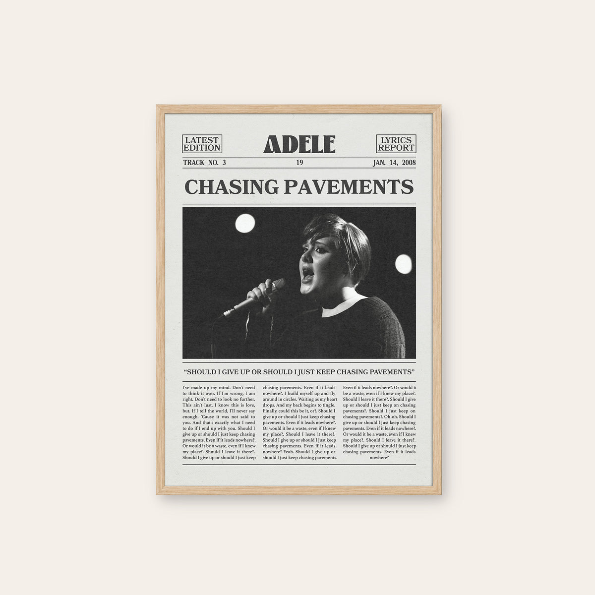 Adele Chasing Pavements newspaper poster — natural wood frame