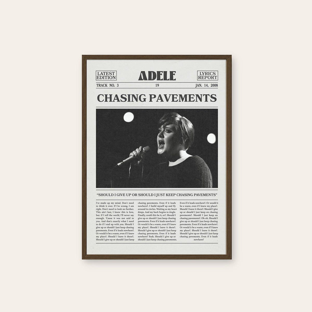 Adele Chasing Pavements newspaper poster — dark wood frame