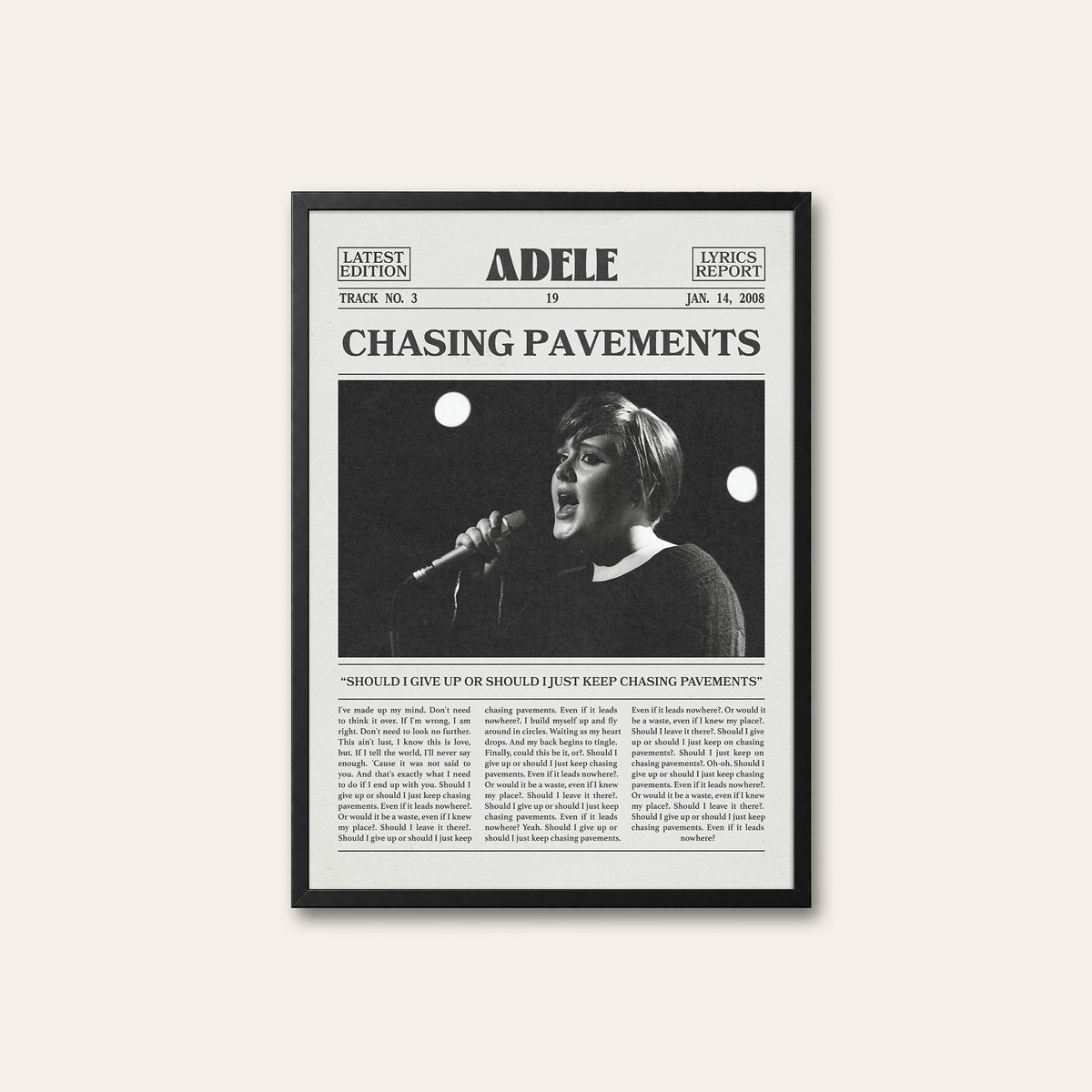 Adele Chasing Pavements newspaper poster — black frame