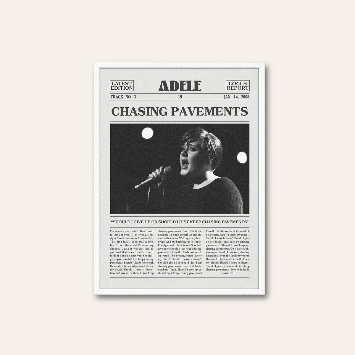 Adele Chasing Pavements newspaper poster — white frame