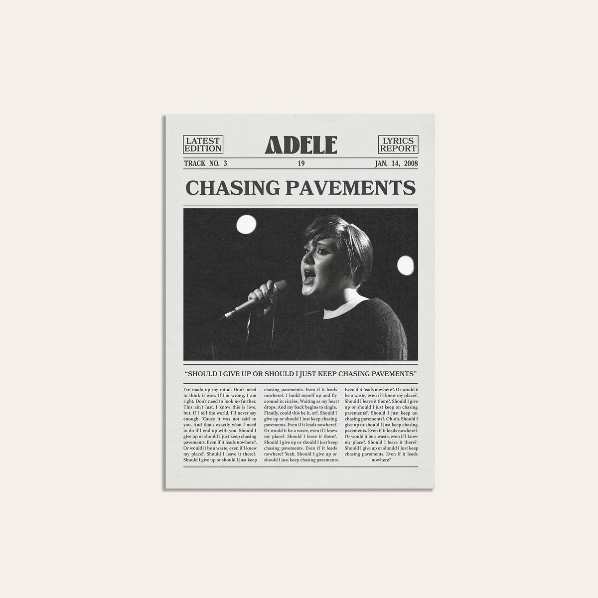 Adele Chasing Pavements newspaper poster — unframed print