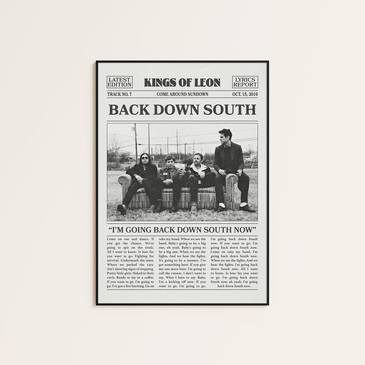 Kings of Leon Back Down South newspaper poster — black frame display