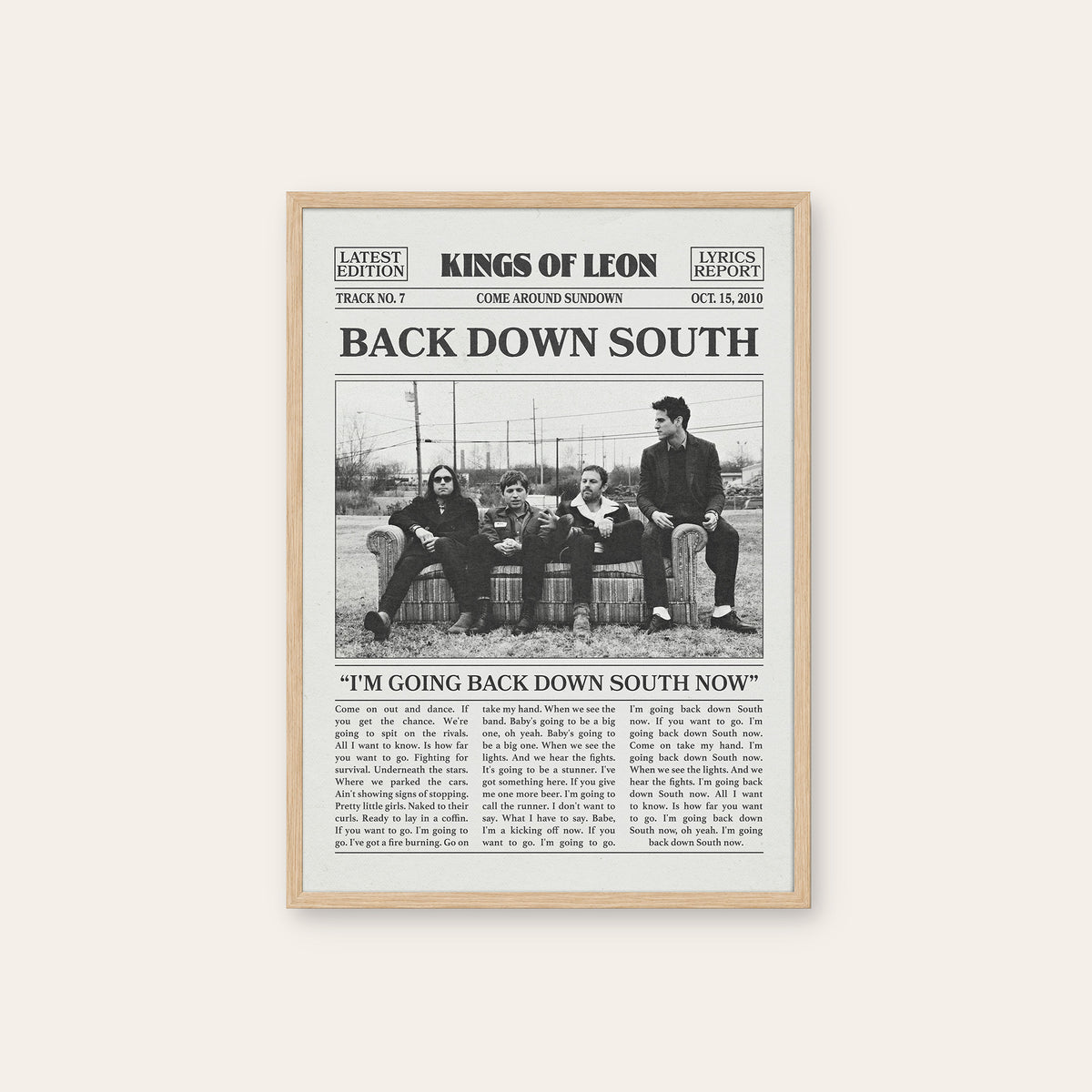 Kings of Leon Back Down South newspaper poster — natural wood frame