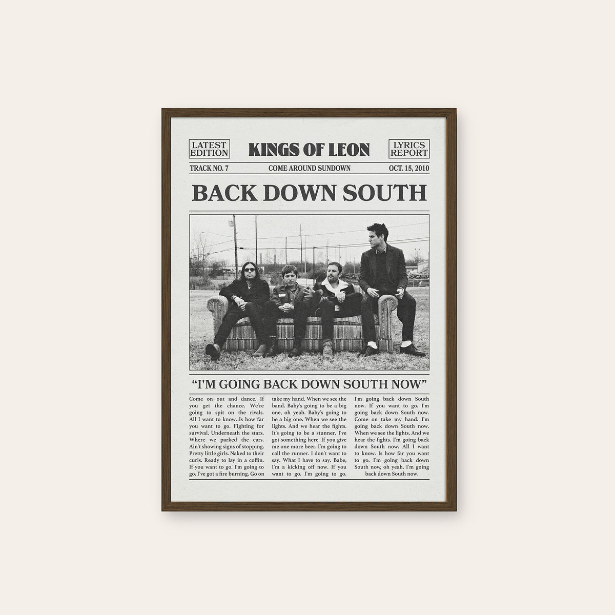 Kings of Leon Back Down South newspaper poster — dark wood frame