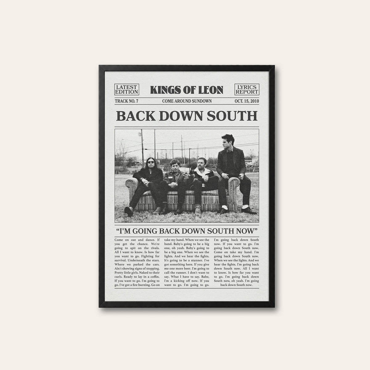 Kings of Leon Back Down South newspaper poster — black frame