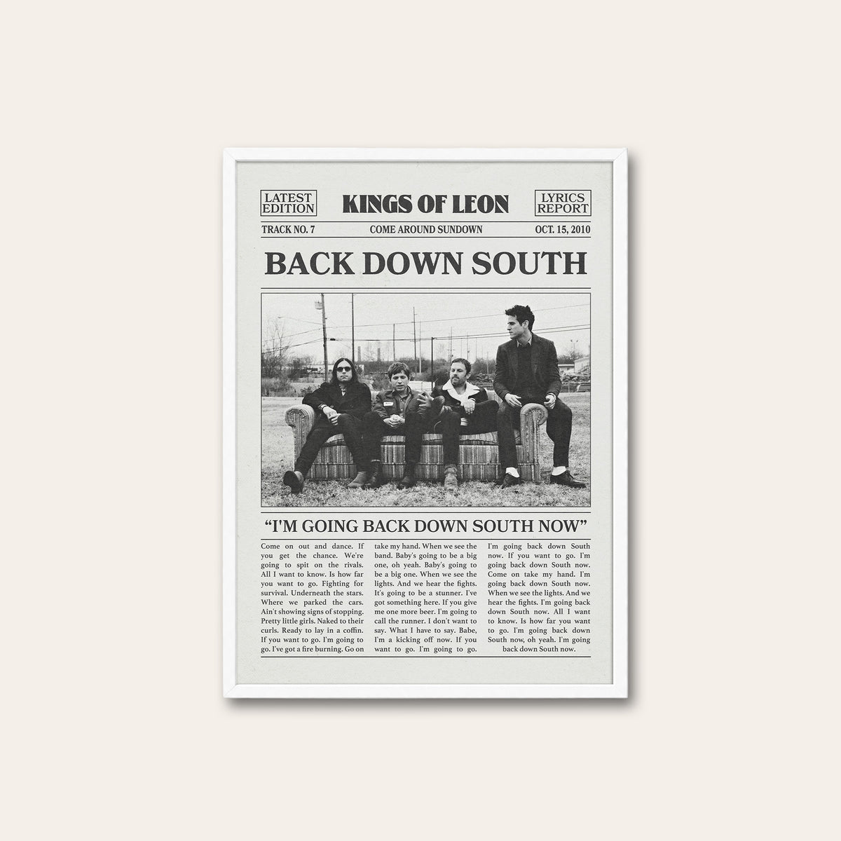 Kings of Leon Back Down South newspaper poster — white frame