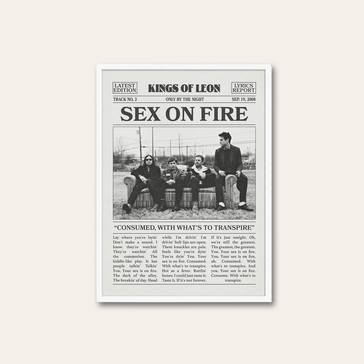 Kings of Leon Sex on Fire newspaper poster — white frame