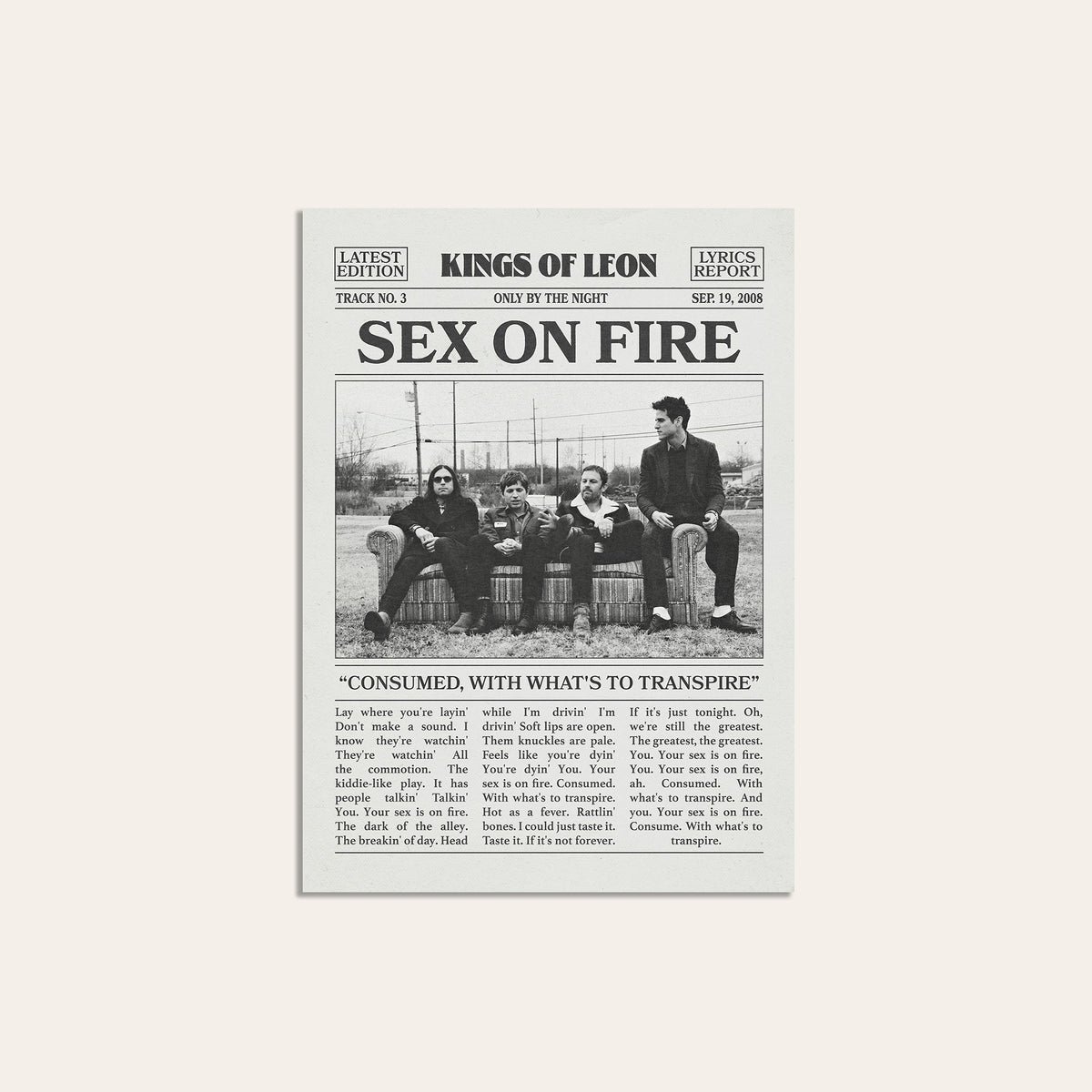 Kings of Leon Sex on Fire newspaper poster — unframed print