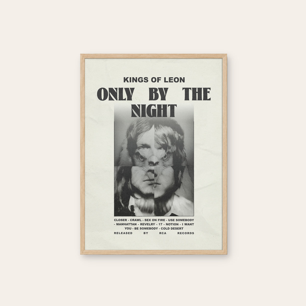 Kings of Leon Only by the Night newspaper poster — natural wood frame