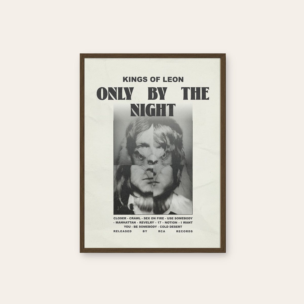 Kings of Leon Only by the Night newspaper poster — dark wood frame