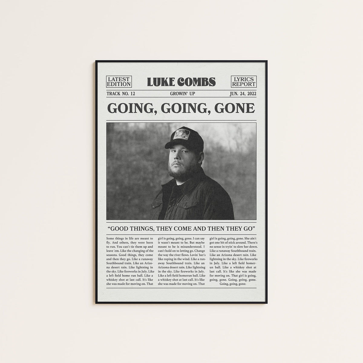 Luke Combs Going, Going, Gone newspaper poster — black frame display