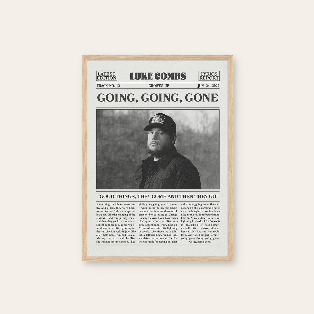 Luke Combs Going, Going, Gone newspaper poster — natural wood frame