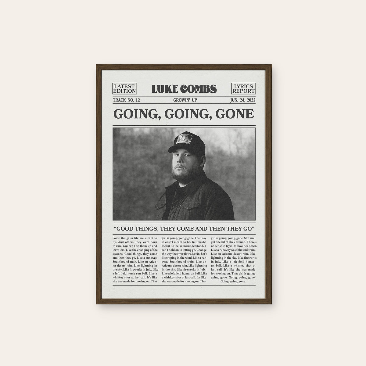 Luke Combs Going, Going, Gone newspaper poster — dark wood frame