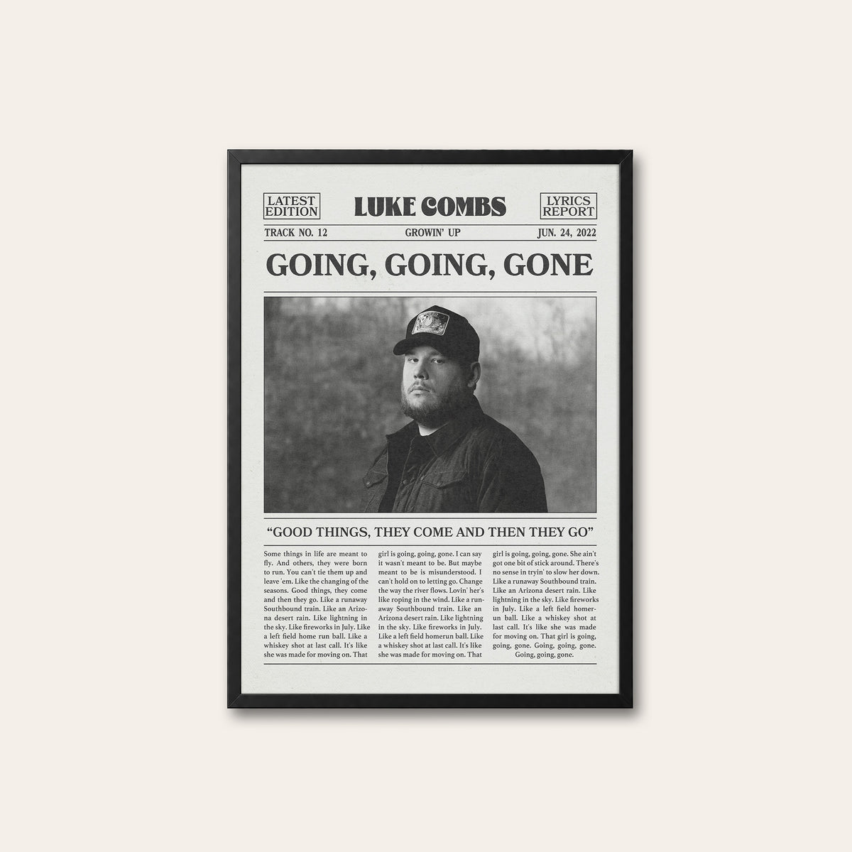 Luke Combs Going, Going, Gone newspaper poster — black frame