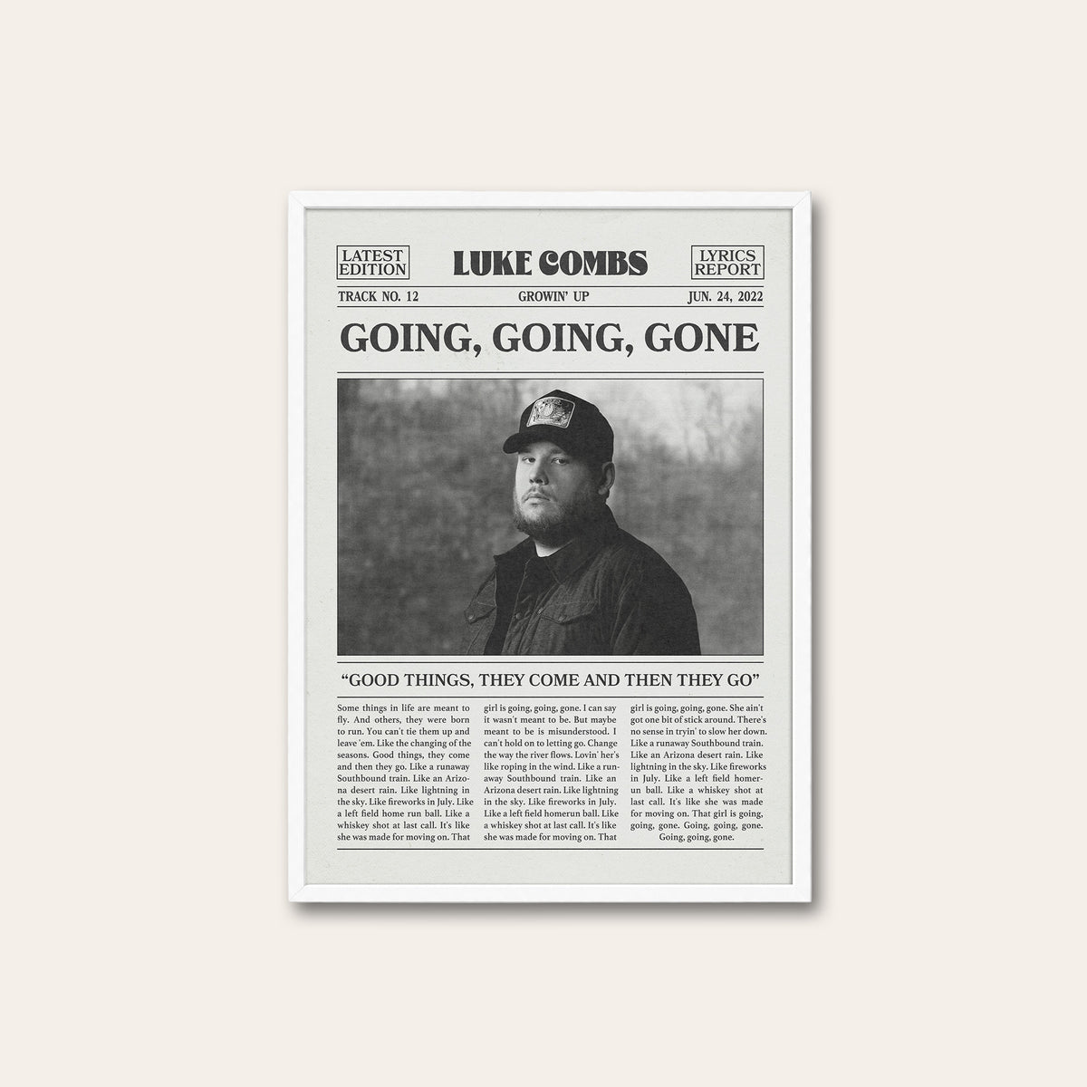 Luke Combs Going, Going, Gone newspaper poster — white frame