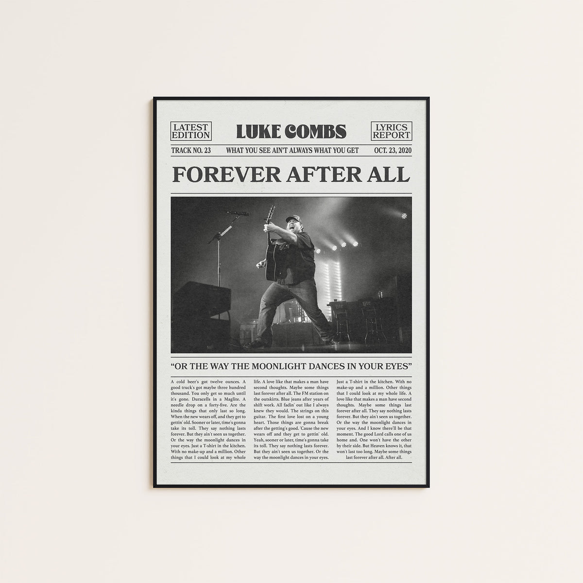 Luke Combs Forever After All newspaper poster, Live — black frame display