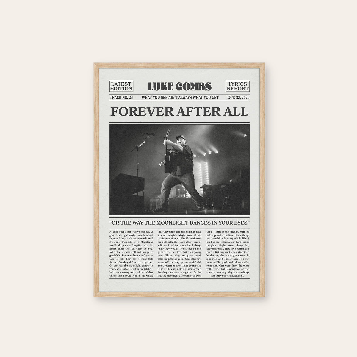 Luke Combs Forever After All newspaper poster, Live — natural wood frame