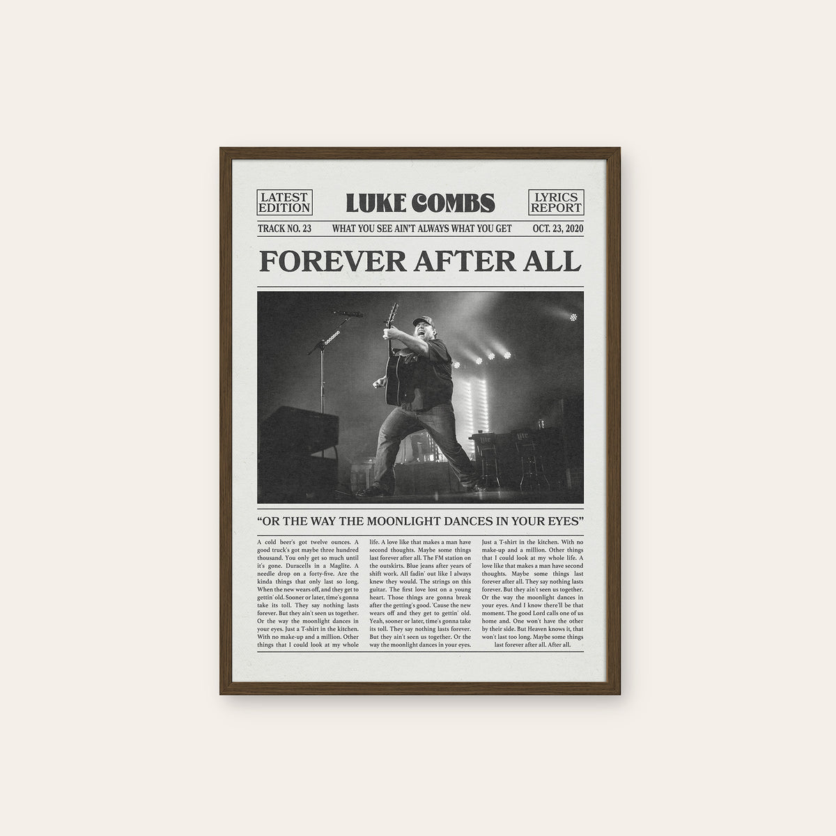 Luke Combs Forever After All newspaper poster, Live — dark wood frame