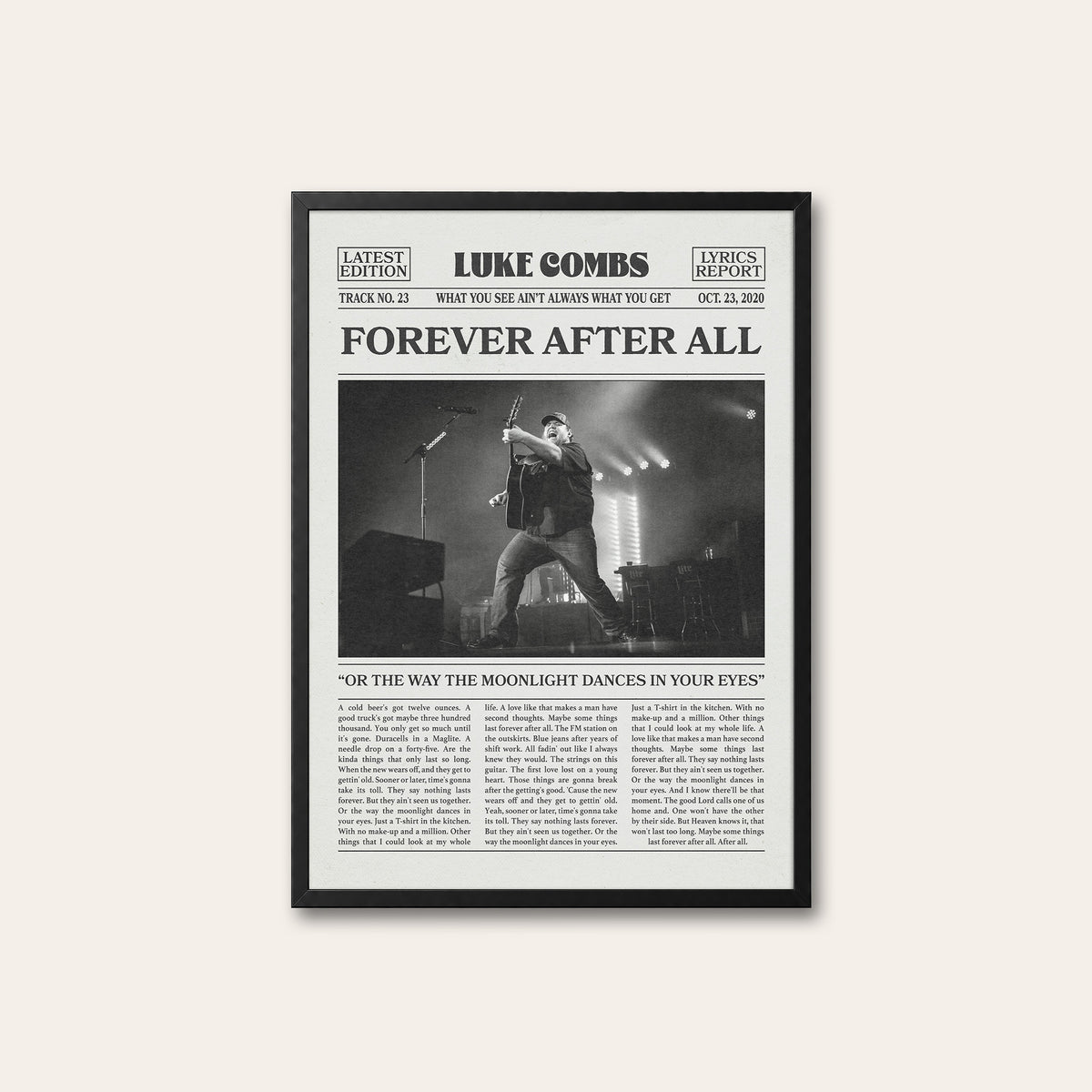 Luke Combs Forever After All newspaper poster, Live — black frame