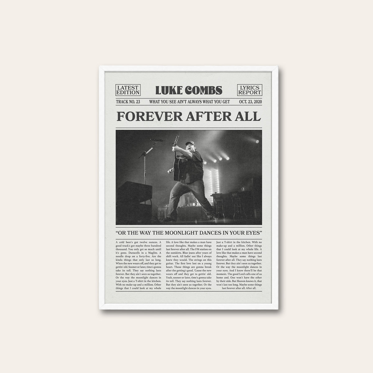 Luke Combs Forever After All newspaper poster, Live — white frame