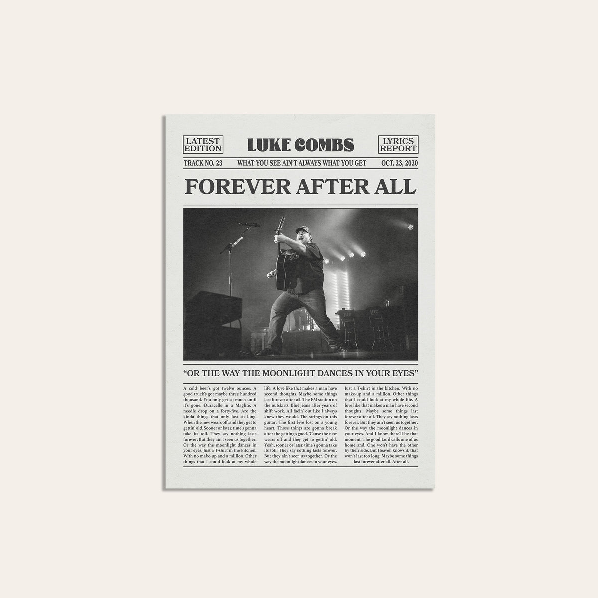 Luke Combs Forever After All newspaper poster, Live — unframed print