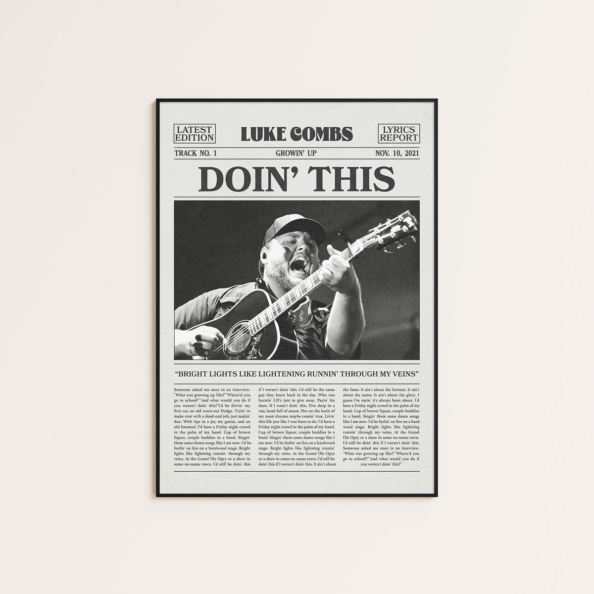 Luke Combs Doin' This newspaper poster — black frame display