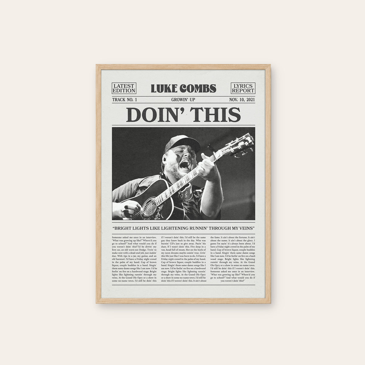 Luke Combs Doin' This newspaper poster — natural wood frame