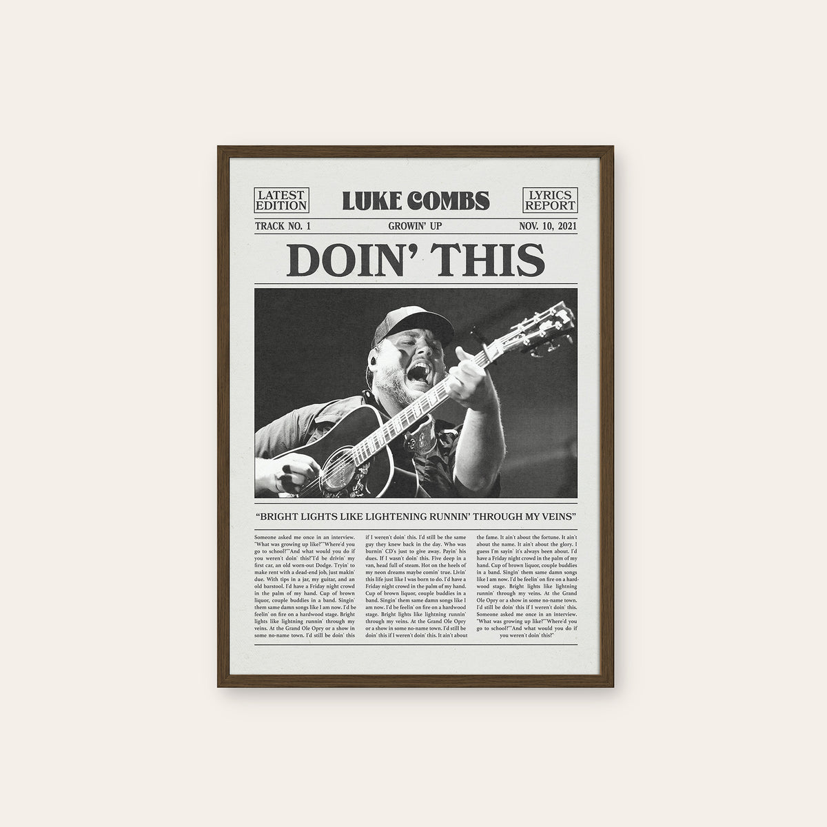 Luke Combs Doin' This newspaper poster — dark wood frame