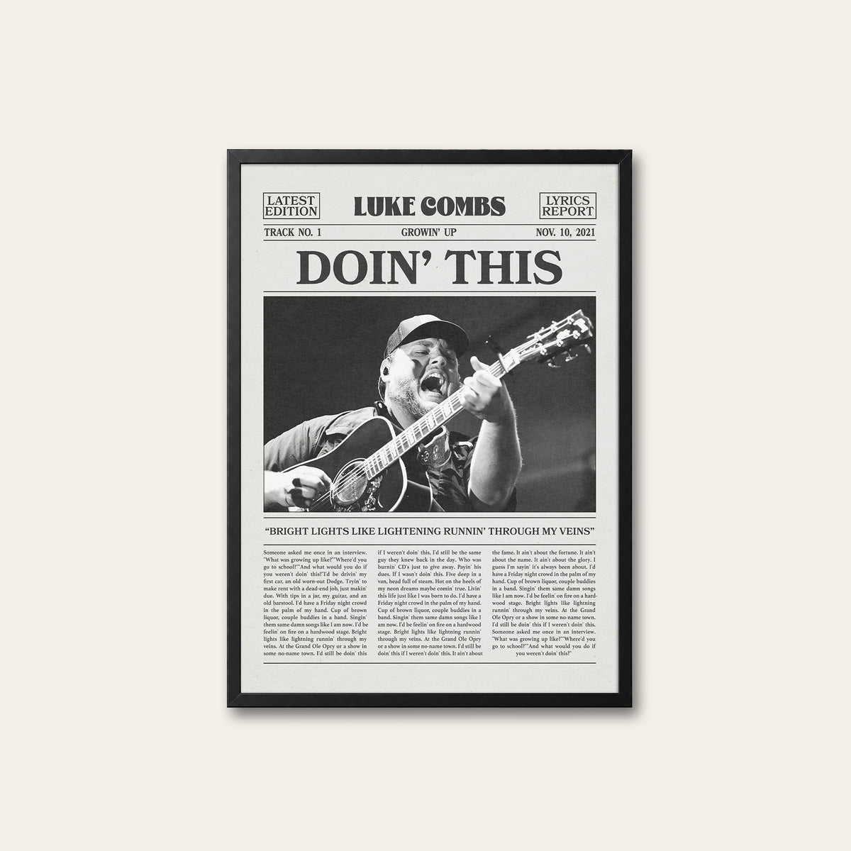 Luke Combs Doin' This newspaper poster — black frame