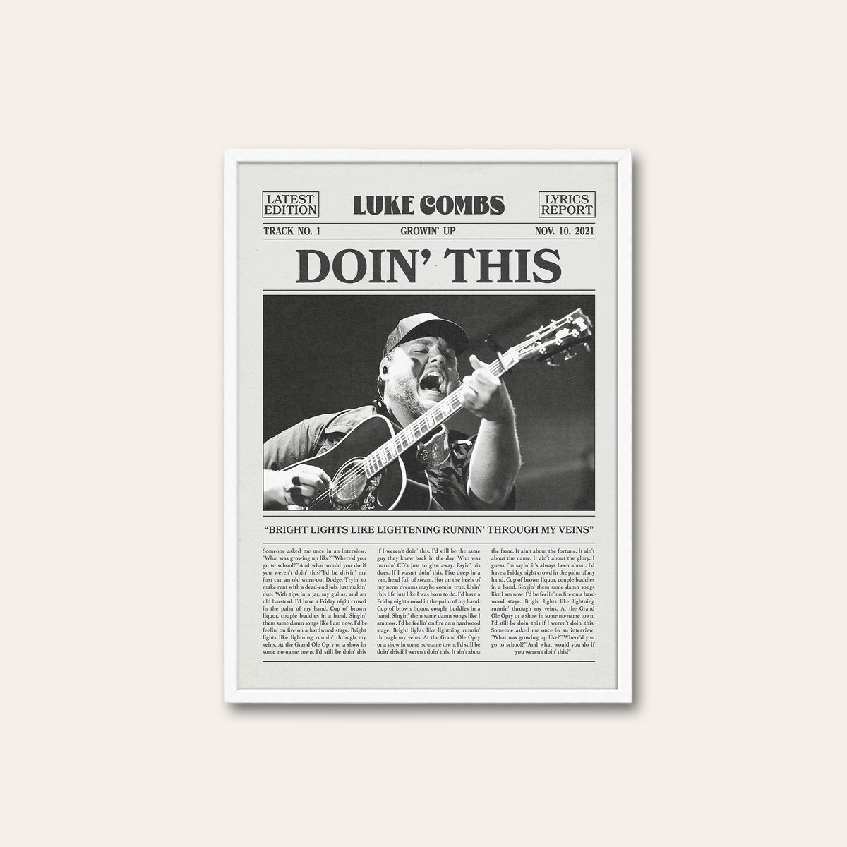 Luke Combs Doin' This newspaper poster — white frame