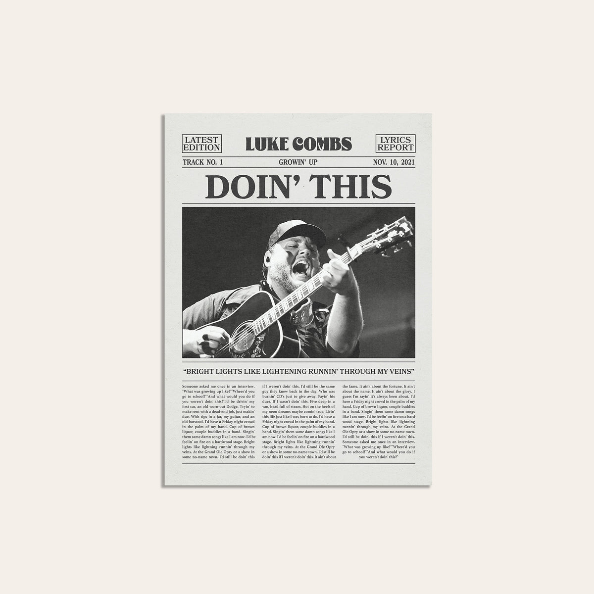 Luke Combs Doin' This newspaper poster — unframed print