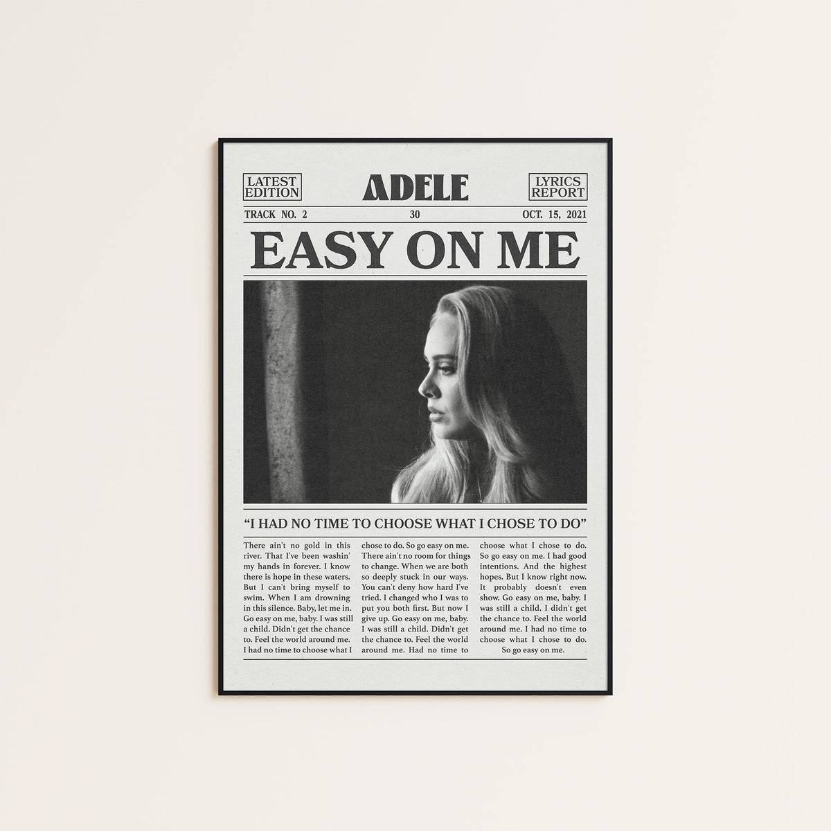 Adele Easy on Me newspaper poster — black frame display