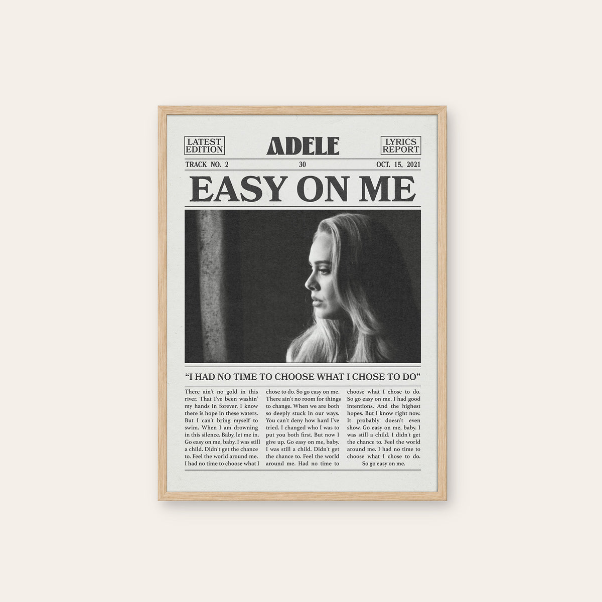 Adele Easy on Me newspaper poster — natural wood frame