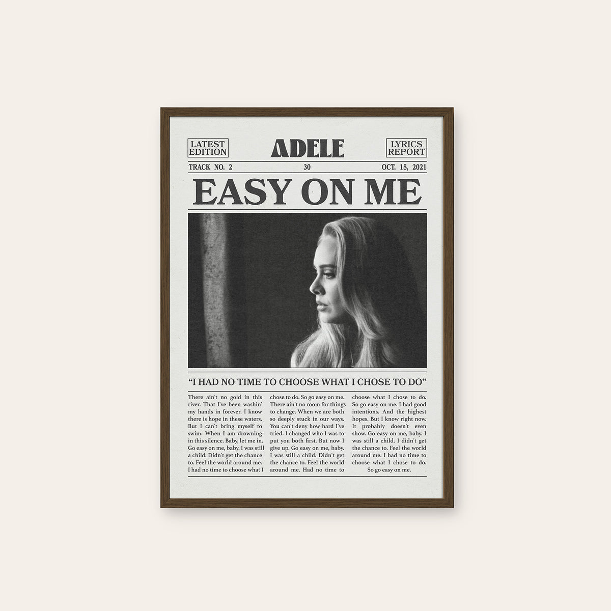 Adele Easy on Me newspaper poster — dark wood frame