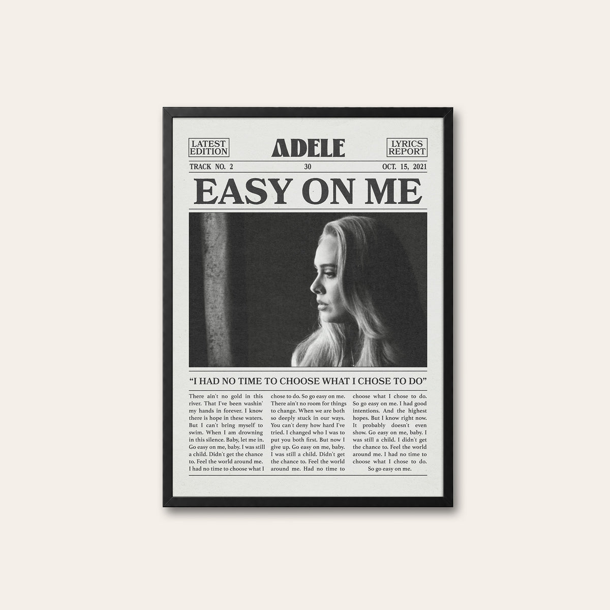 Adele Easy on Me newspaper poster — black frame