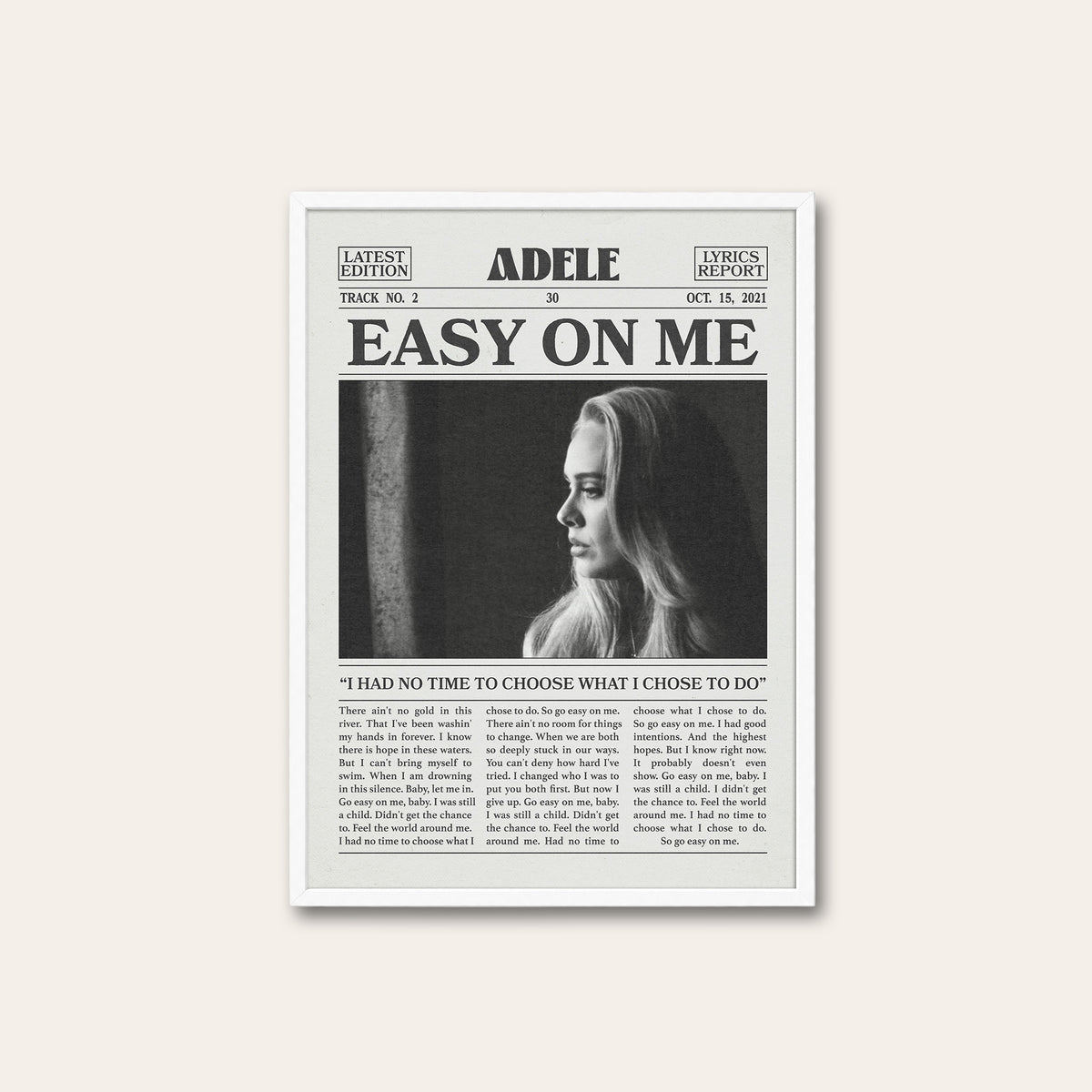 Adele Easy on Me newspaper poster — white frame