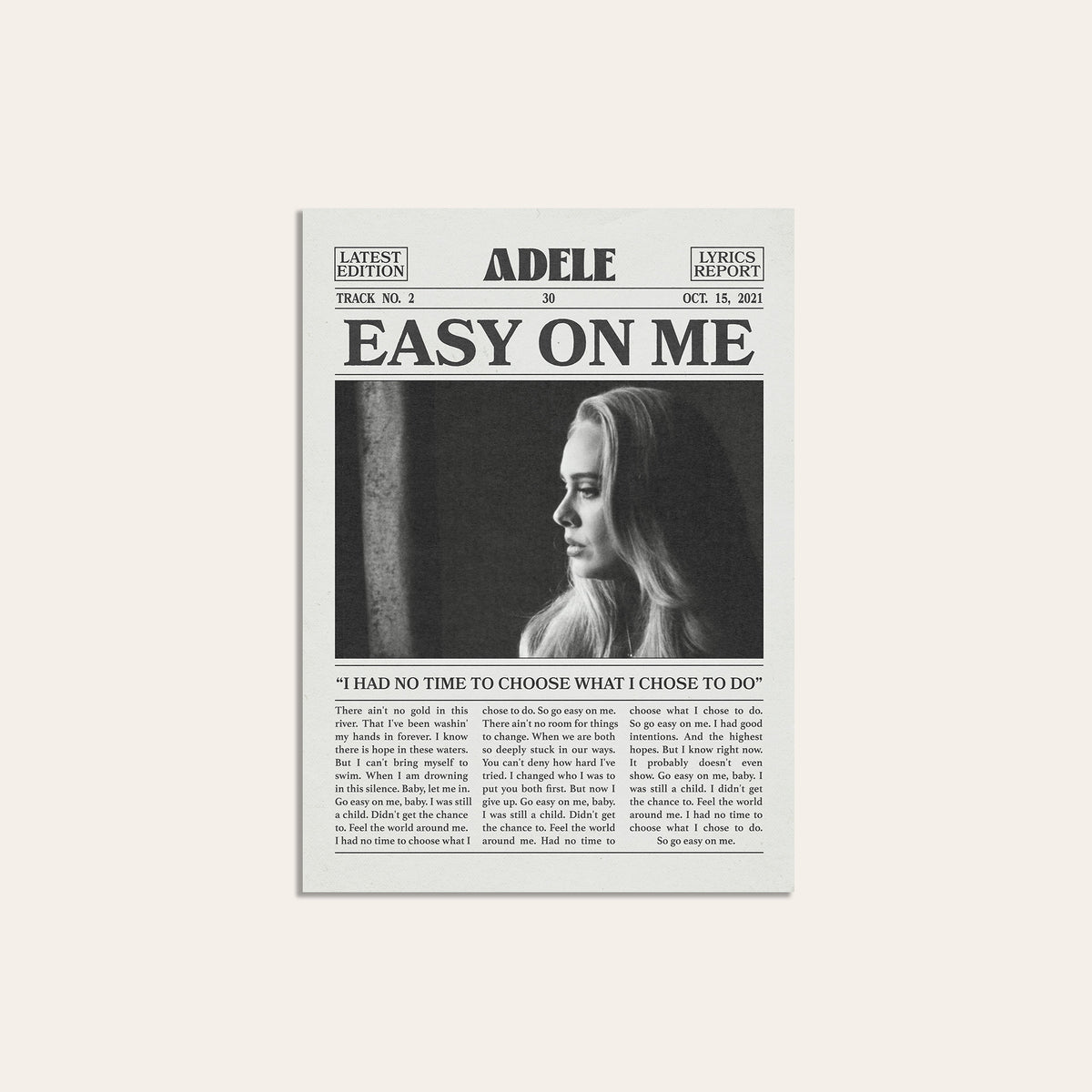 Adele Easy on Me newspaper poster — unframed print