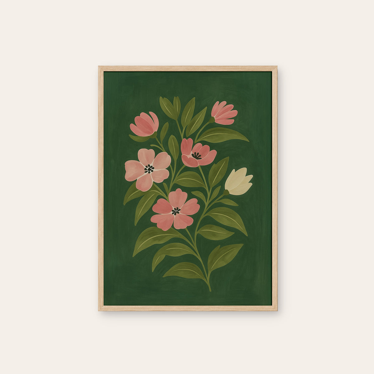 Pink Branch - Botanical Print - natural wood frame