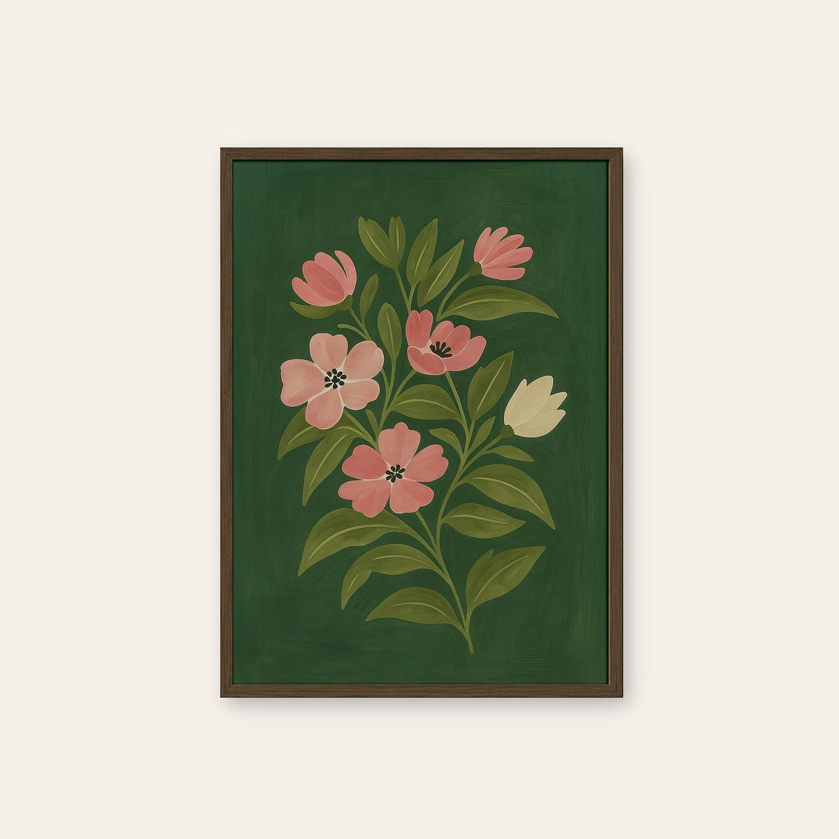 Pink Branch - Botanical Print - dark wood frame