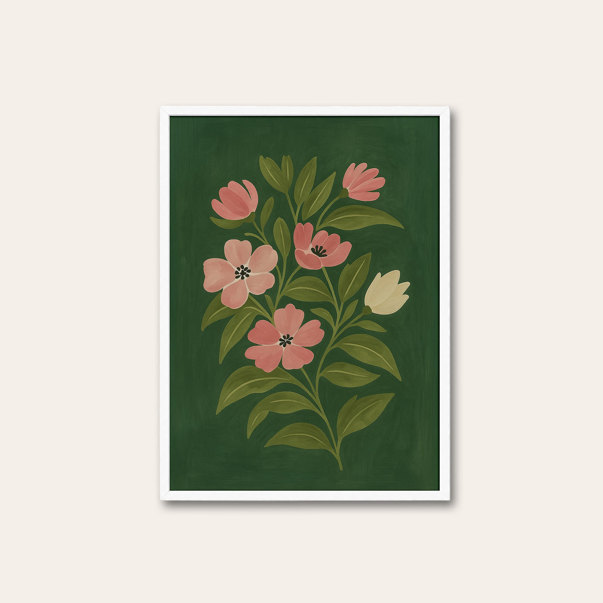 Pink Branch - Botanical Print - white frame
