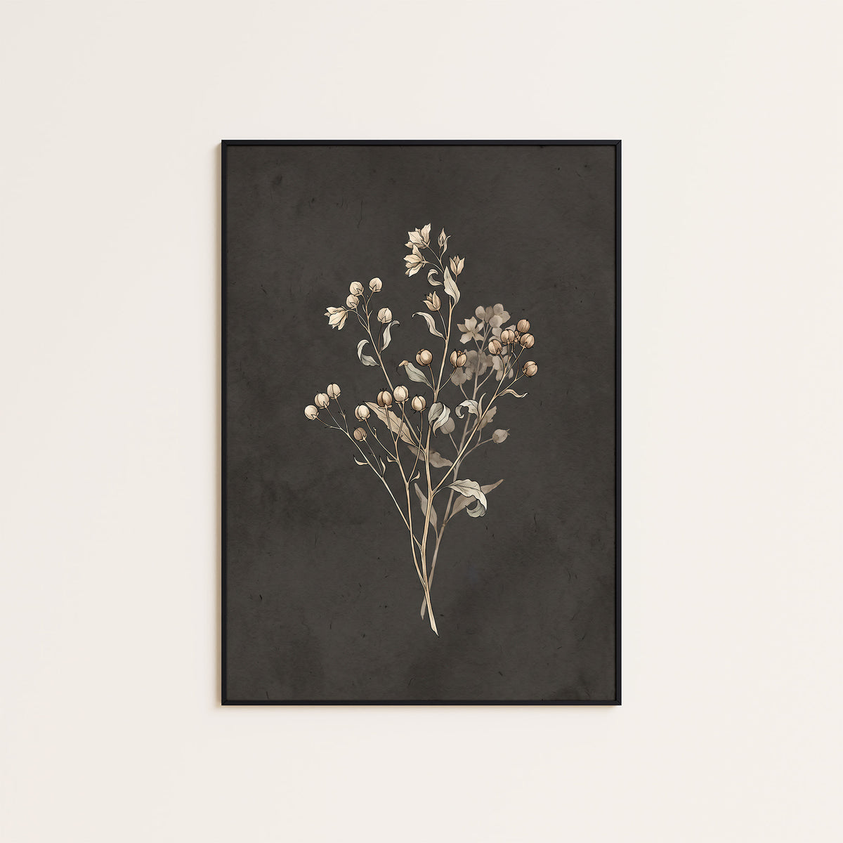 Quiet Sprigs - Charcoal Botanical Print - framed artwork overview