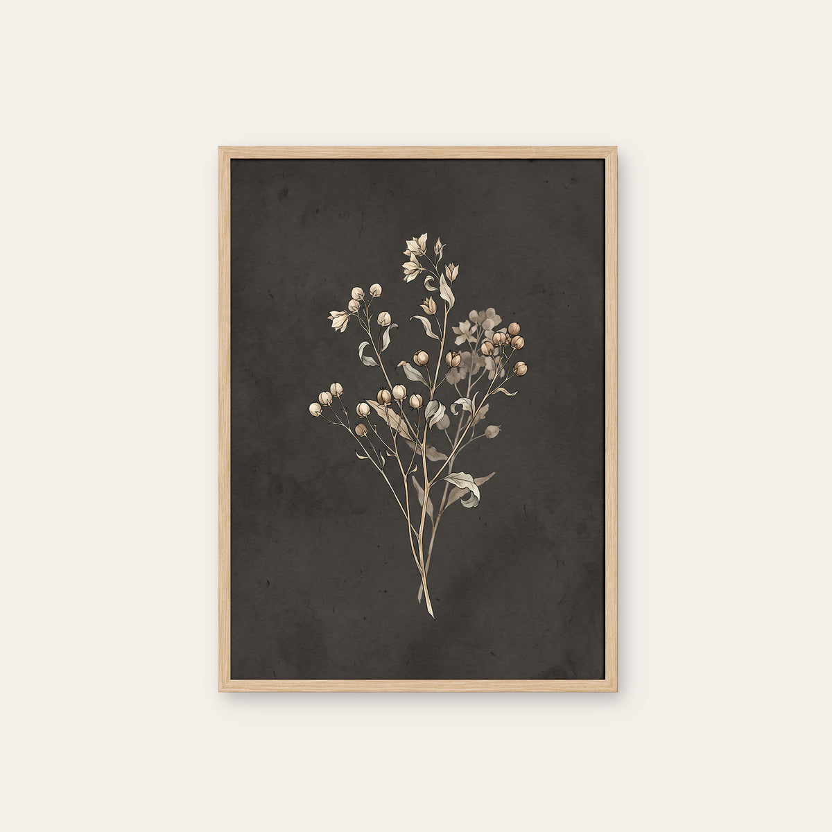 Quiet Sprigs - Charcoal Botanical Print - natural wood frame