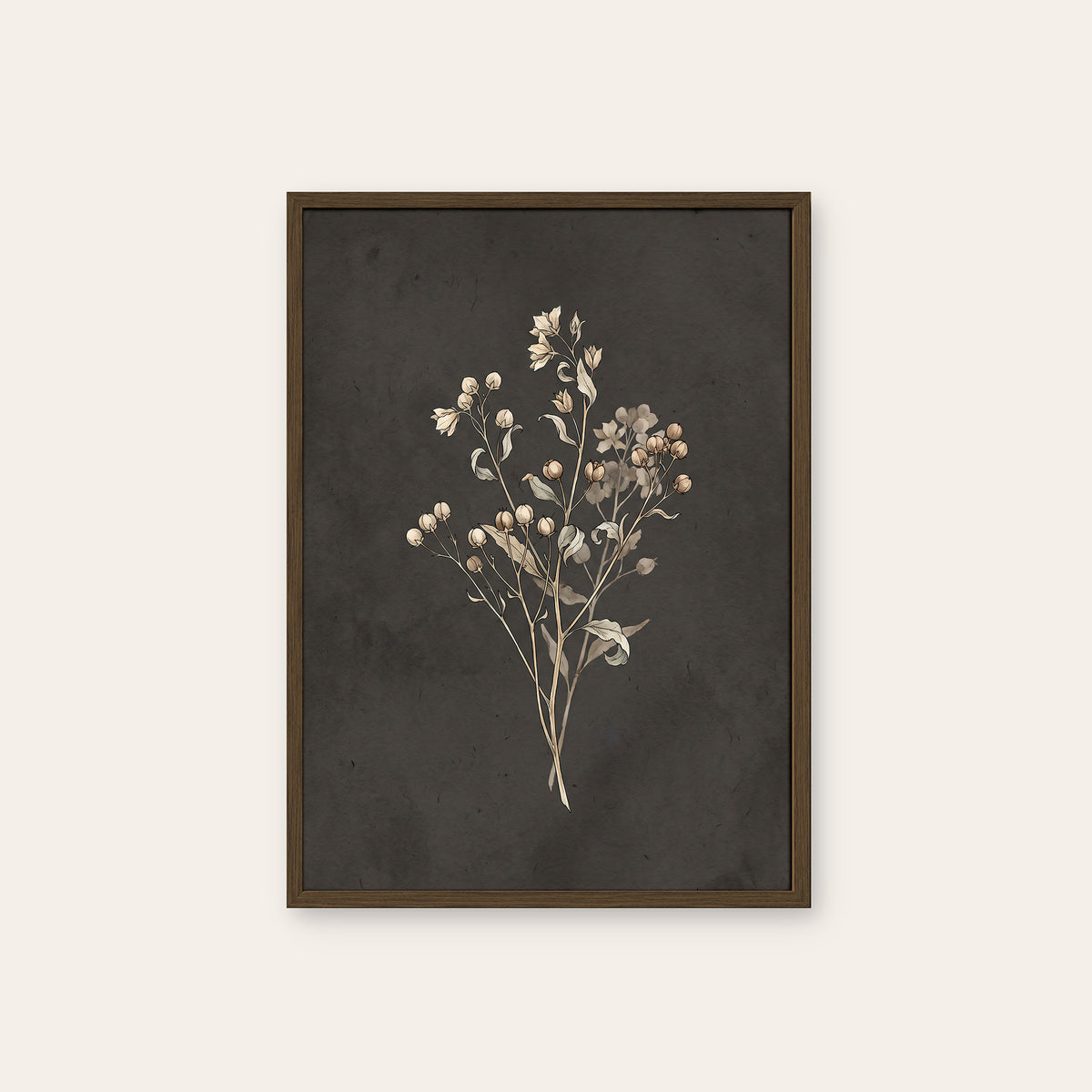 Quiet Sprigs - Charcoal Botanical Print - dark wood frame