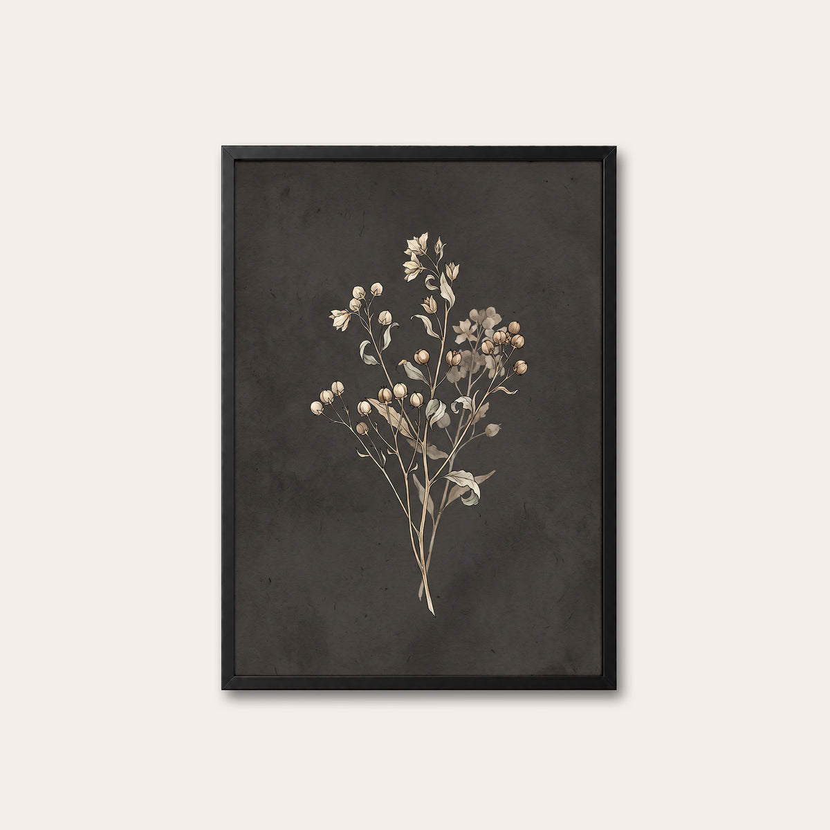 Quiet Sprigs - Charcoal Botanical Print - black frame