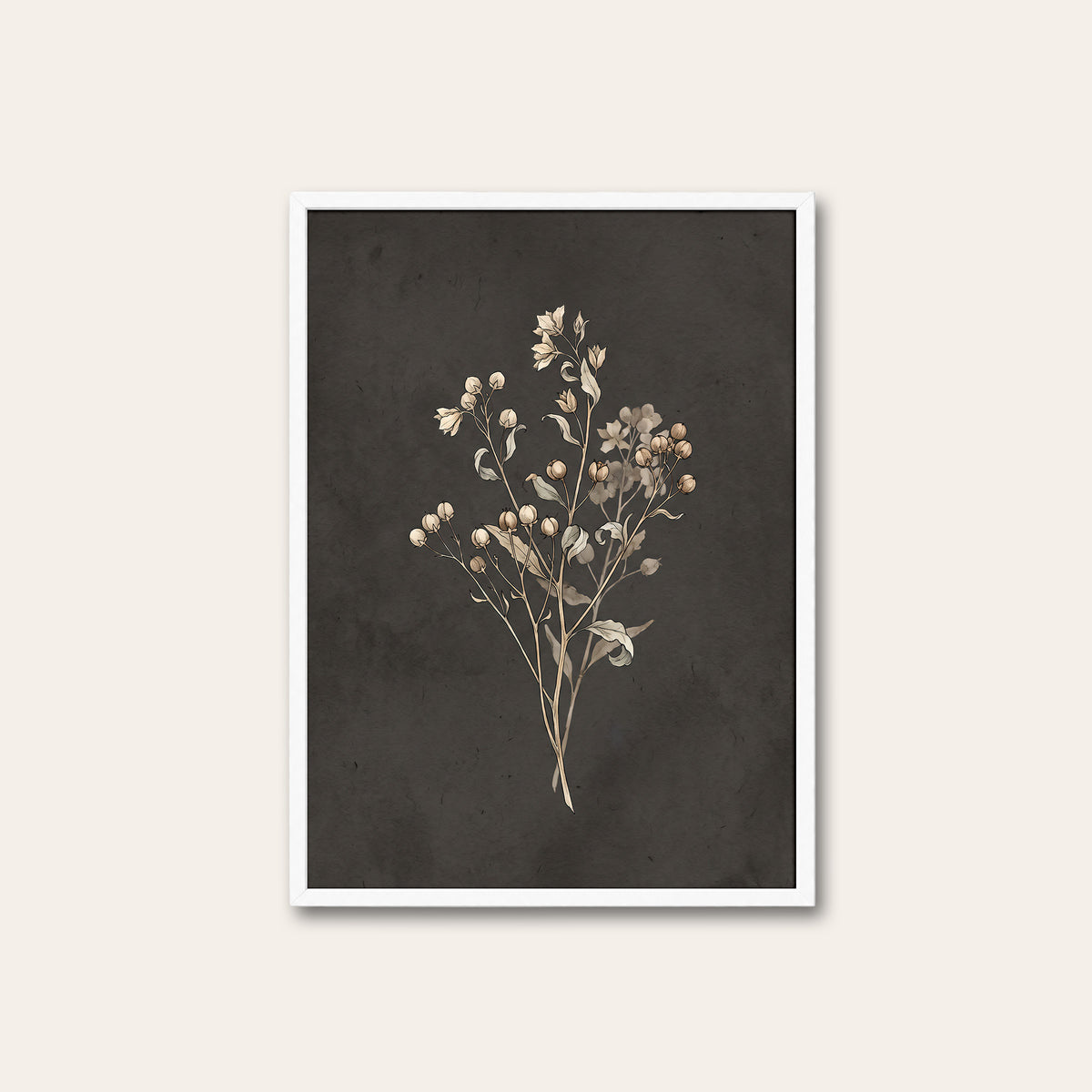 Quiet Sprigs - Charcoal Botanical Print - white frame