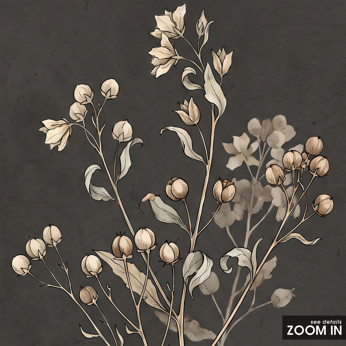Quiet Sprigs - Charcoal Botanical Print - artwork detail