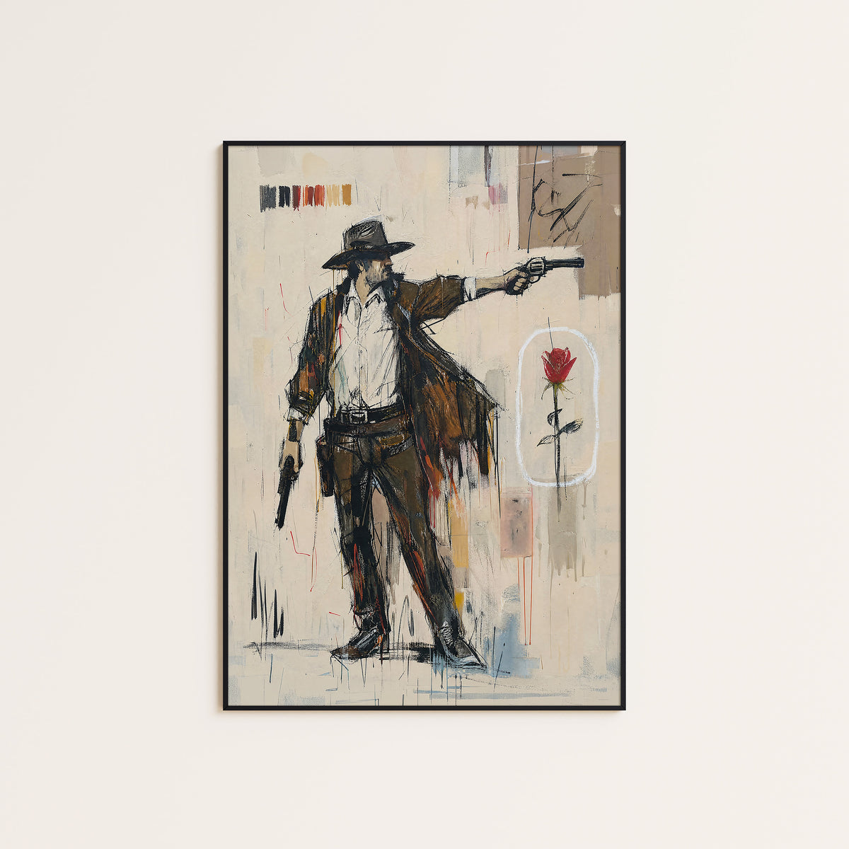 Red Rose Gunslinger western print displayed in a slim black frame